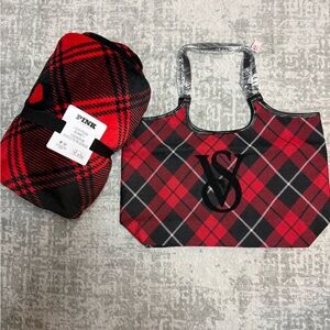 Victoria's Secret Red and Black Checkered Tote and Blanket